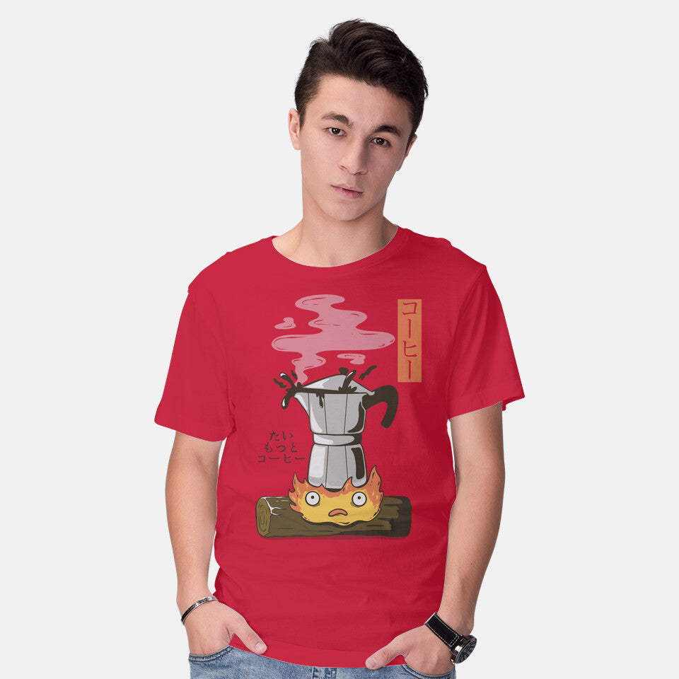 Model wearing red Want More Coffee – Anime Graphic T-Shirt