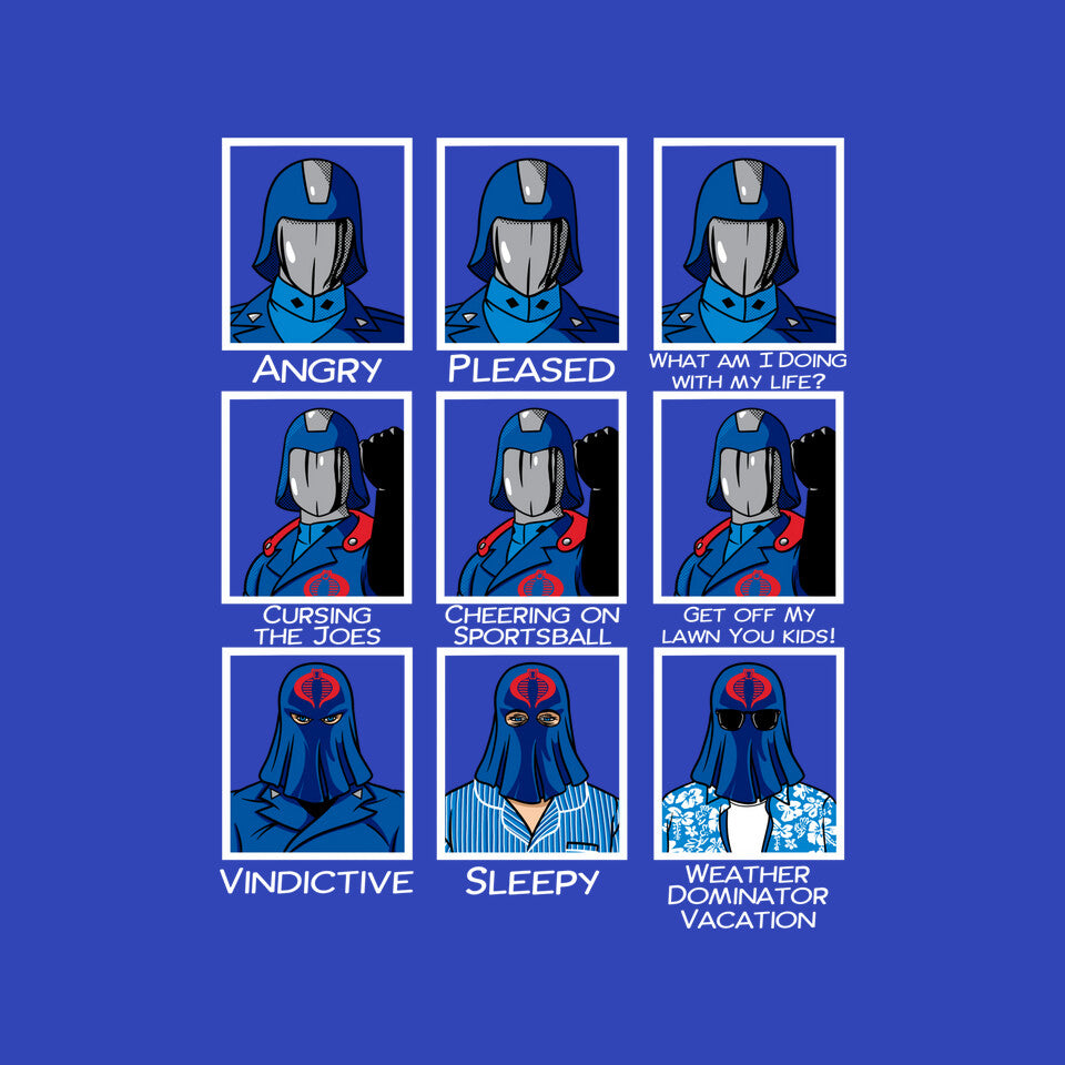 The Many Faces Of Cobra Commander – Retro Graphic T-Shirt design artwork for royal blue graphic T-shirt