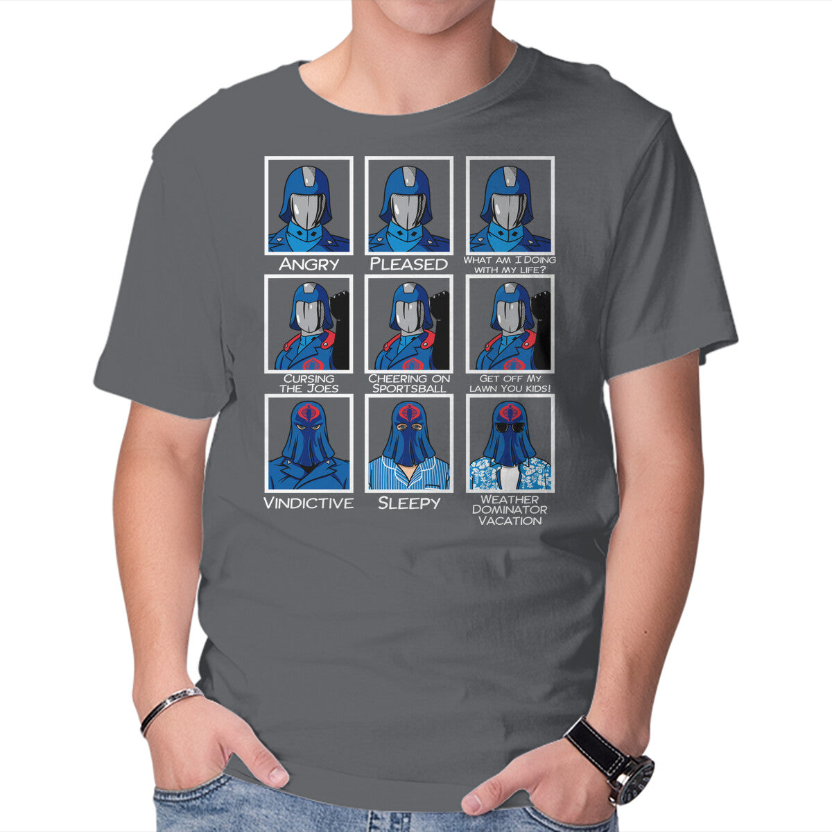 The Many Faces Of Cobra Commander – Retro Graphic T-Shirt in charcoal, product display