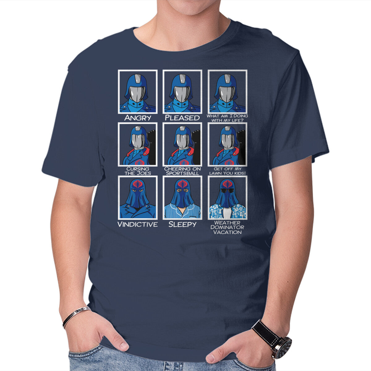 The Many Faces Of Cobra Commander – Retro Graphic T-Shirt in navy, product display
