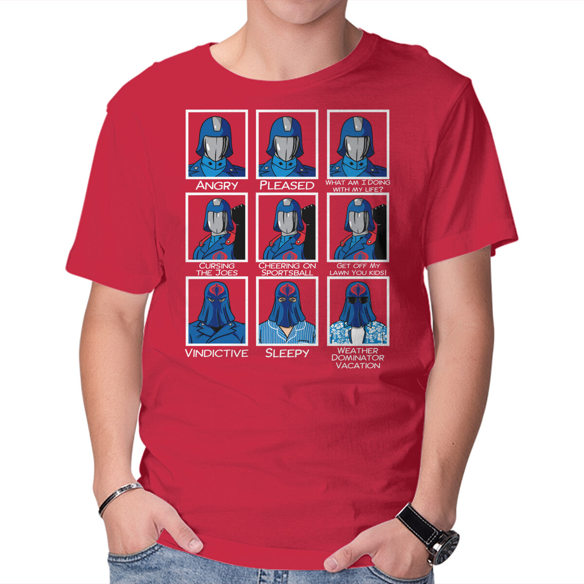 The Many Faces Of Cobra Commander – Retro Graphic T-Shirt in red, product display