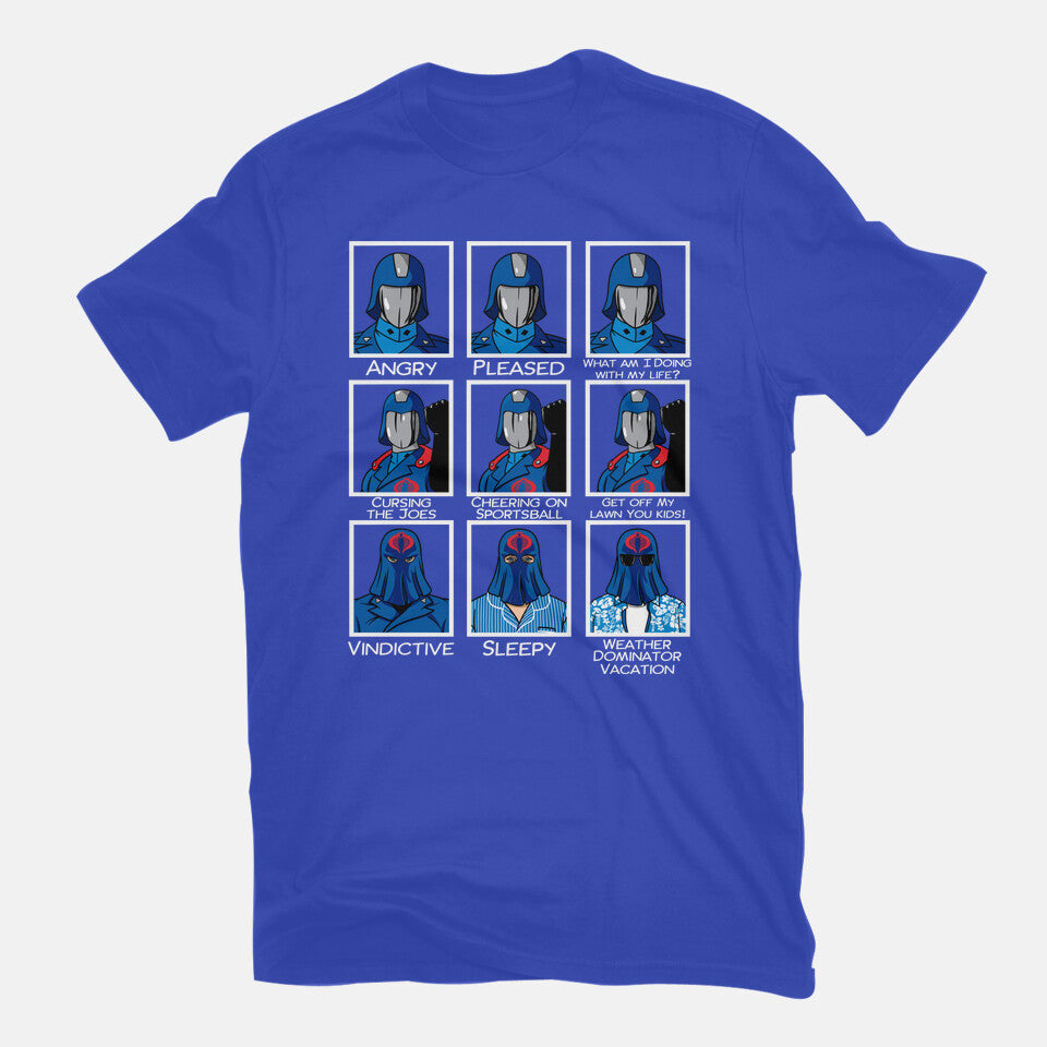 The Many Faces Of Cobra Commander – Retro Graphic T-Shirt in royal blue, flat-lay product view
