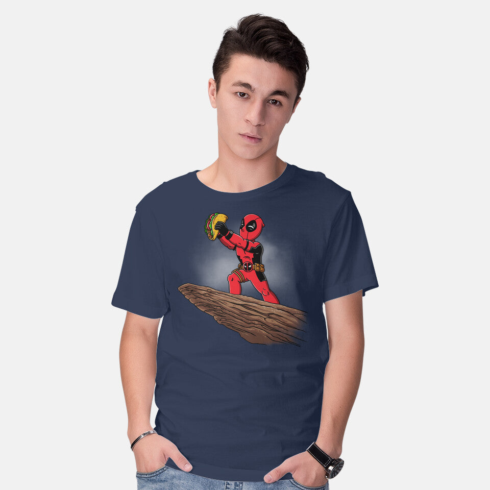 Model wearing navy The Tacos King – Movie Graphic T-Shirt