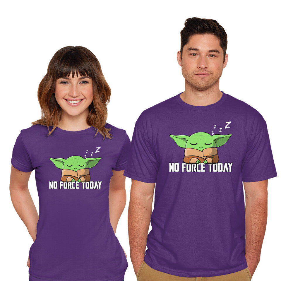 Model wearing purple No Force Today – Sci-Fi Graphic T-Shirt