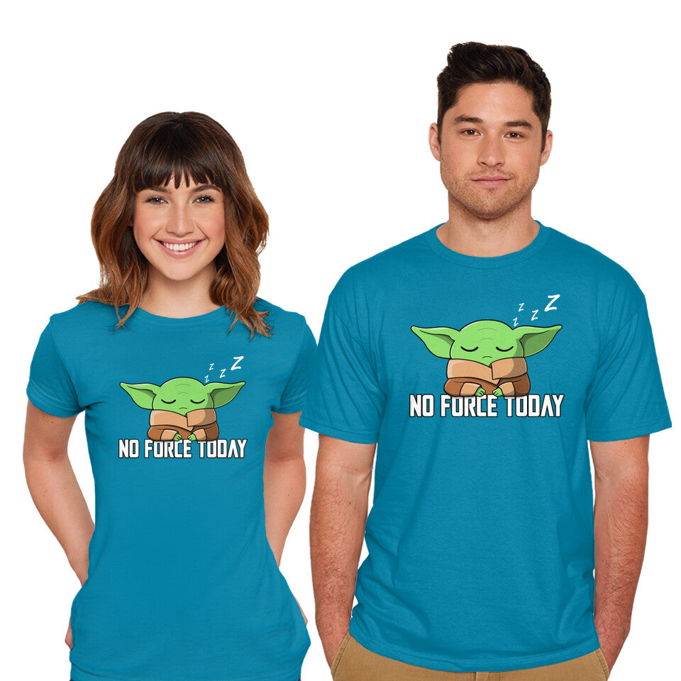 Model wearing turquoise No Force Today – Sci-Fi Graphic T-Shirt