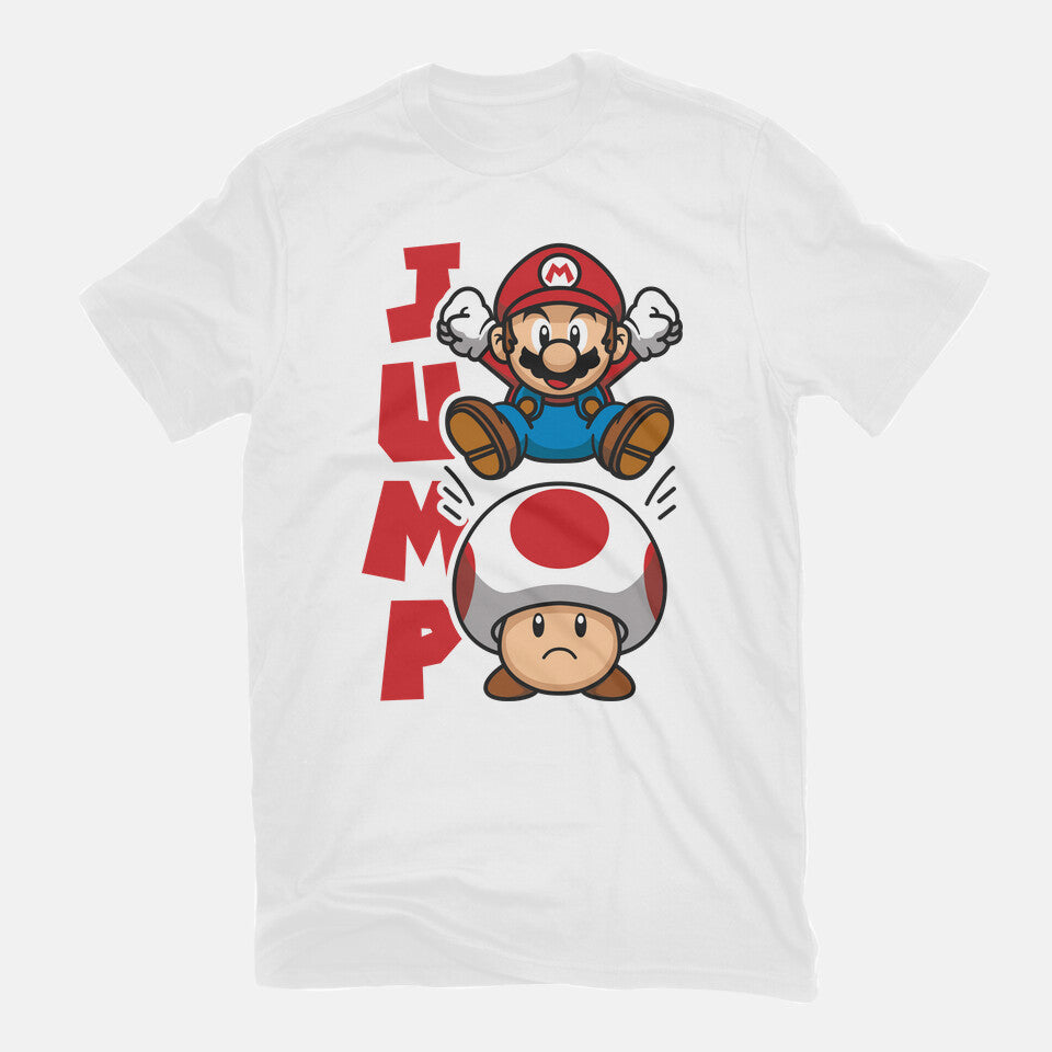 Toad Jump – Gaming Graphic T-Shirt in white, flat-lay product view