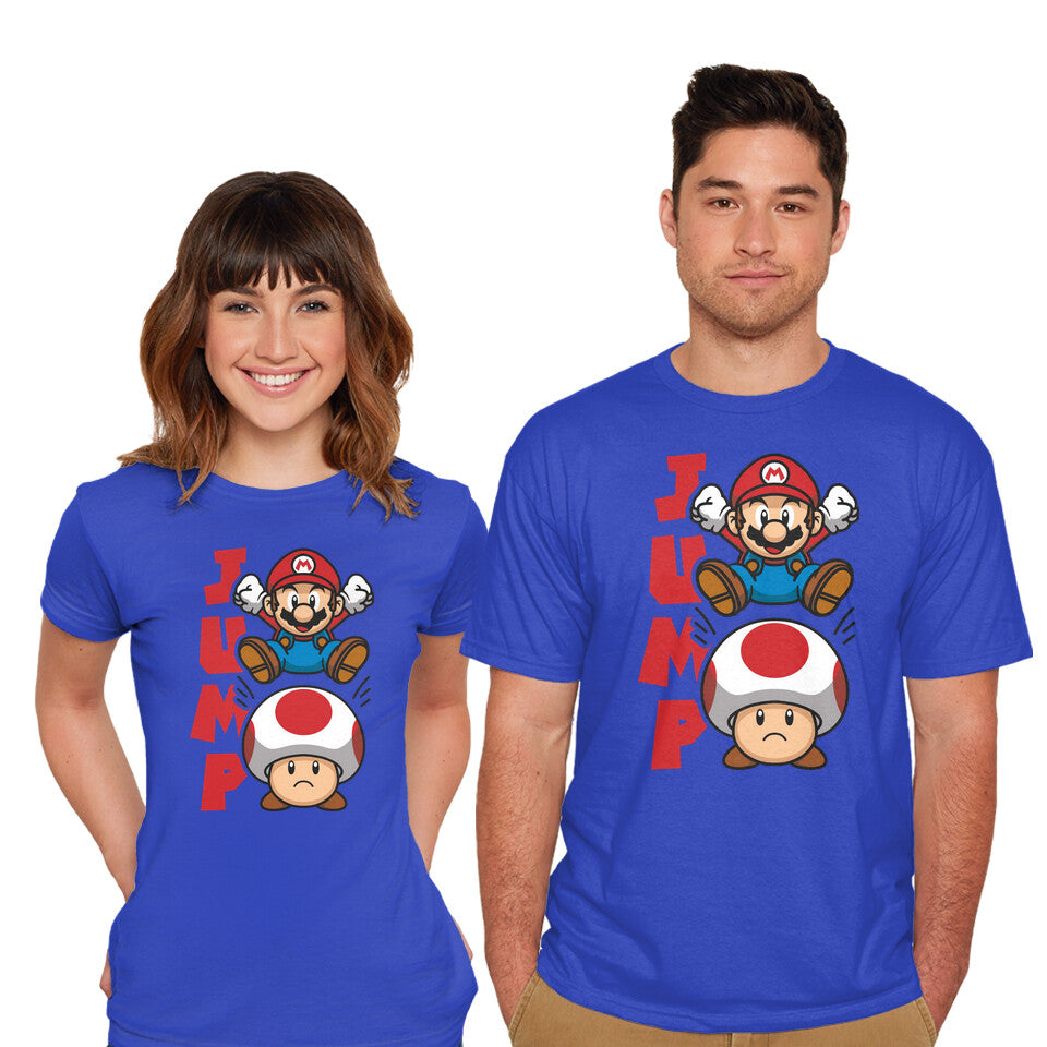 Model wearing royal blue Toad Jump – Gaming Graphic T-Shirt