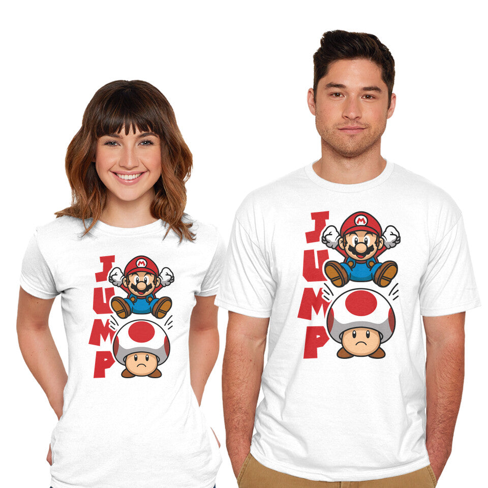 Model wearing white Toad Jump – Gaming Graphic T-Shirt