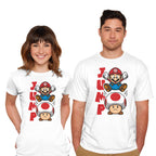 Model wearing white Toad Jump – Gaming Graphic T-Shirt