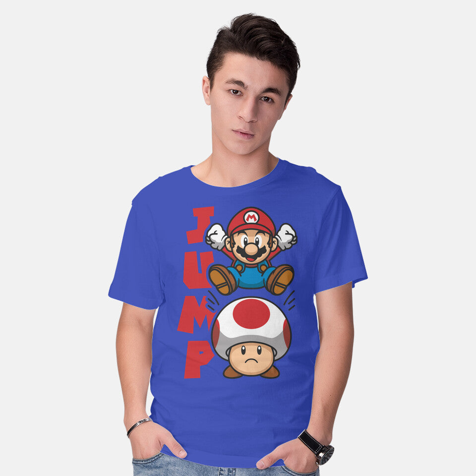 Model wearing royal blue Toad Jump – Gaming Graphic T-Shirt