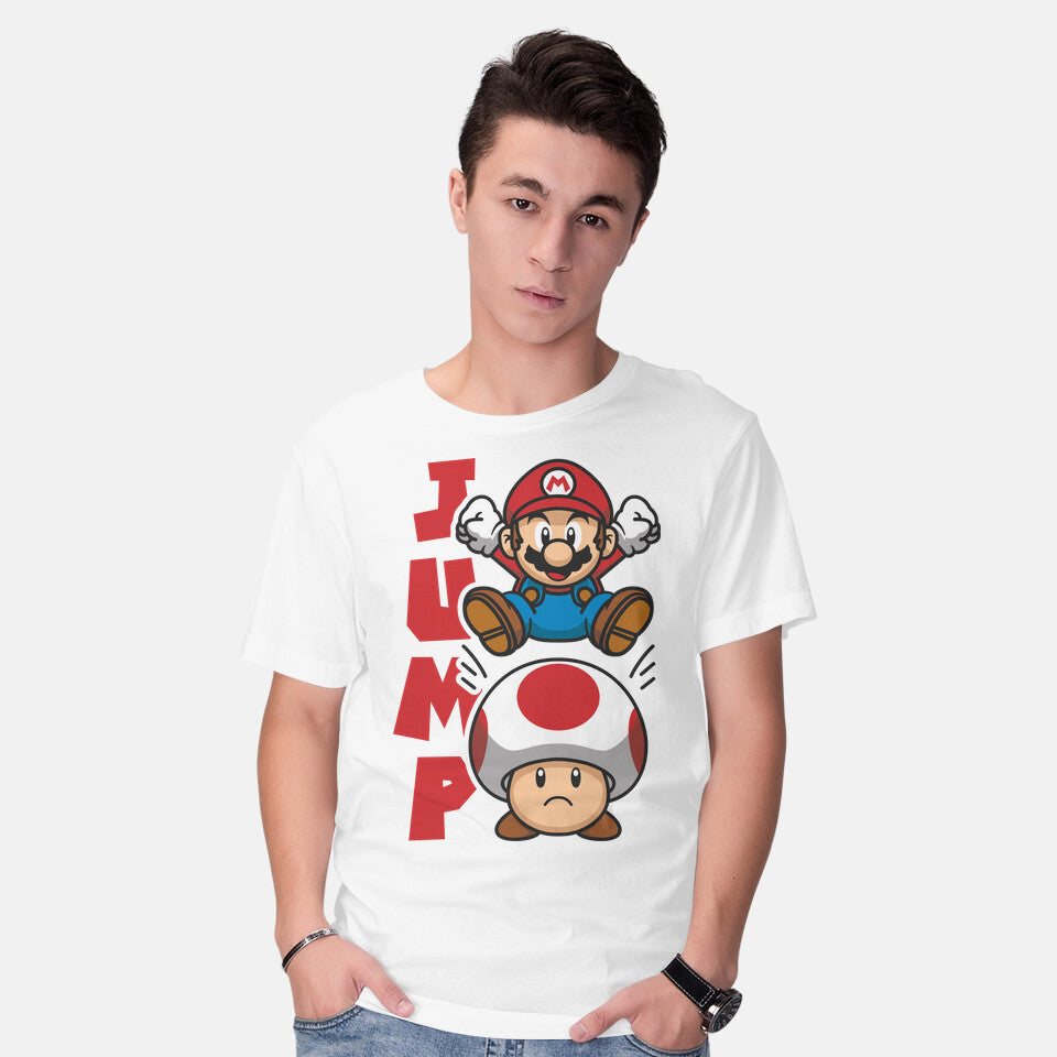 Model wearing white Toad Jump – Gaming Graphic T-Shirt