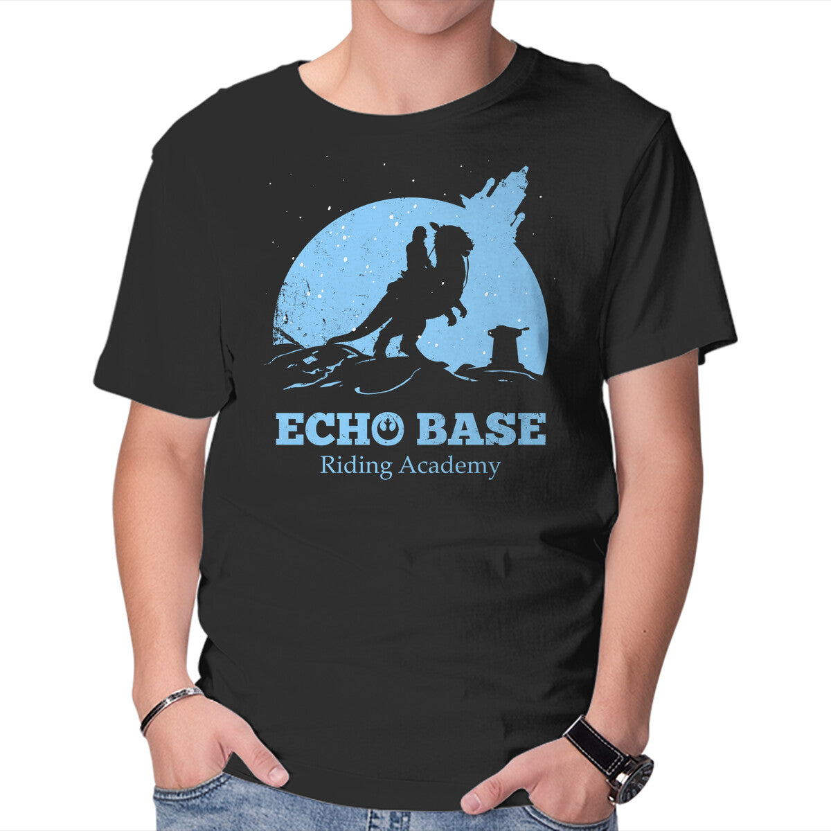 Echo Base Riding Academy – Sci-Fi Graphic T-Shirt in black, product display