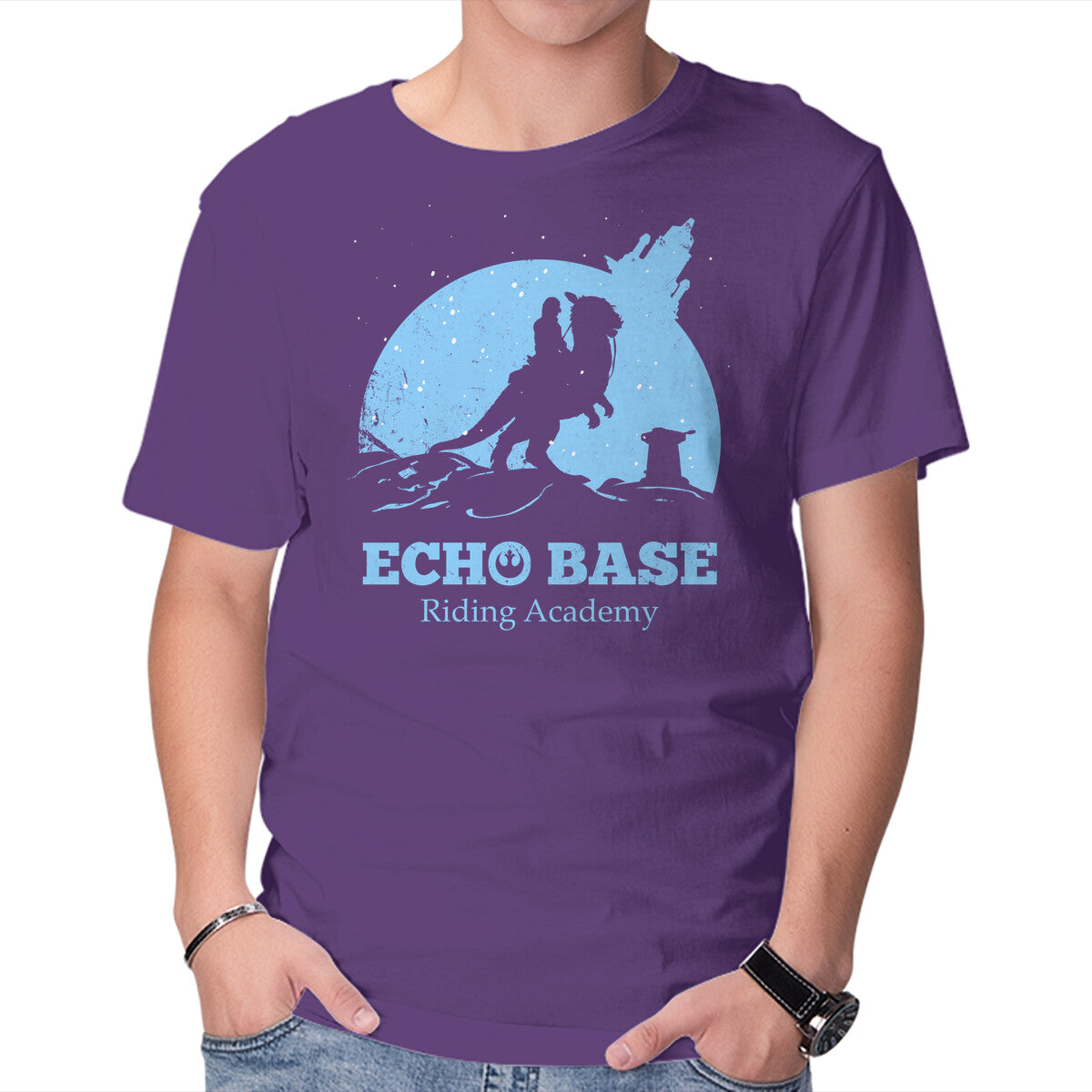 Echo Base Riding Academy – Sci-Fi Graphic T-Shirt in purple, product display