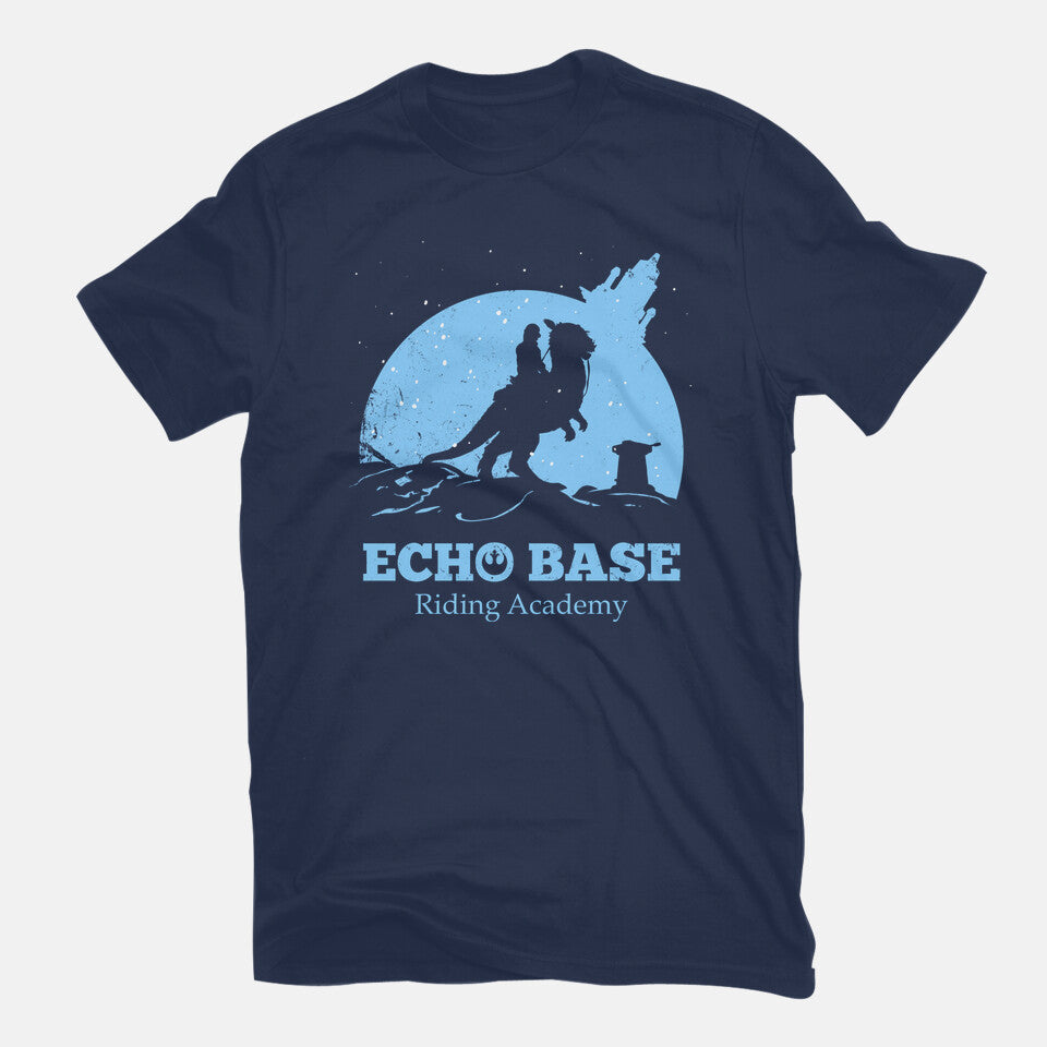 Echo Base Riding Academy – Sci-Fi Graphic T-Shirt in navy, flat-lay product view