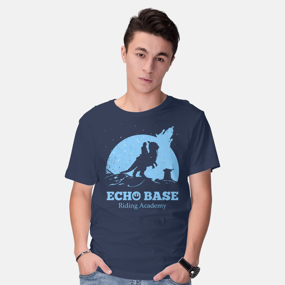 Model wearing navy Echo Base Riding Academy – Sci-Fi Graphic T-Shirt