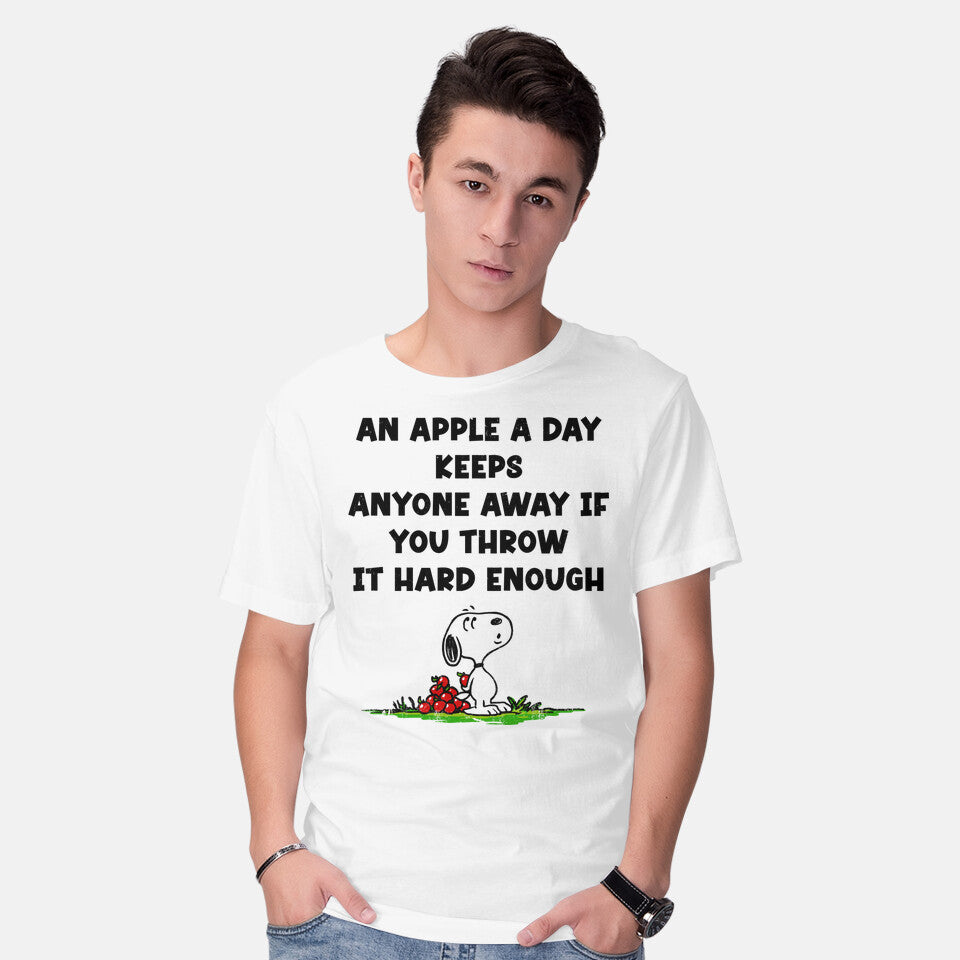 Model wearing white An Apple A Day – Funny Graphic T-Shirt