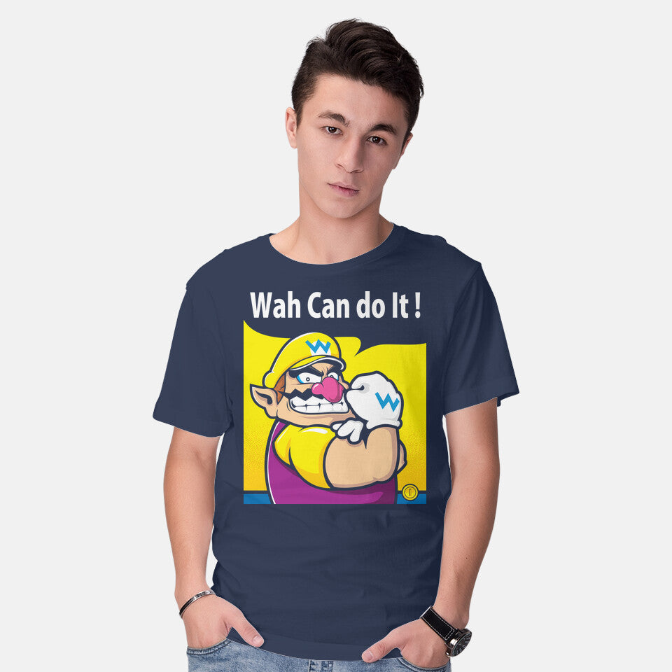 Model wearing navy Wah Can Do It – Gaming Graphic T-Shirt