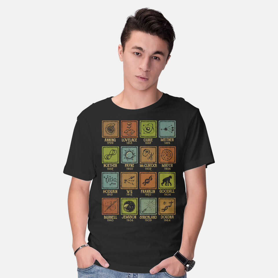 Model wearing black Women In Science Graphic T-Shirt