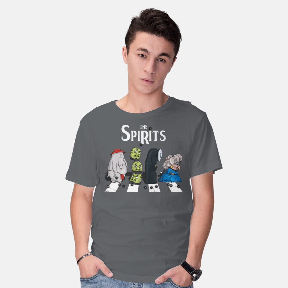 Model wearing charcoal The Spirits – Fantasy Graphic T-Shirt
