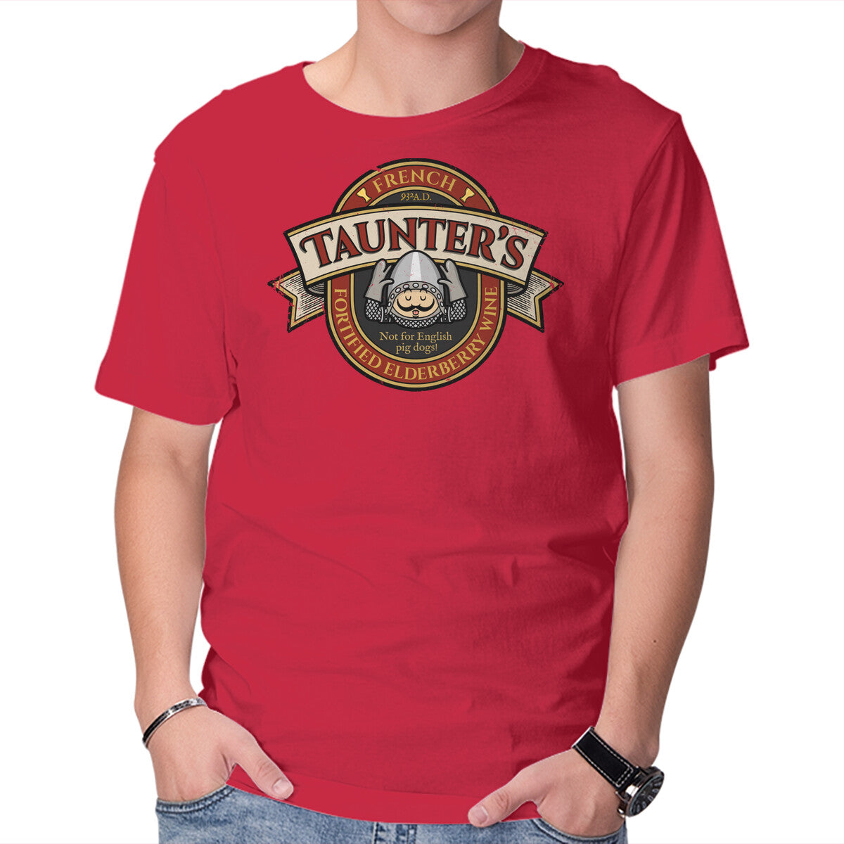 Taunter's Wine – Movie Graphic T-Shirt in red, product display
