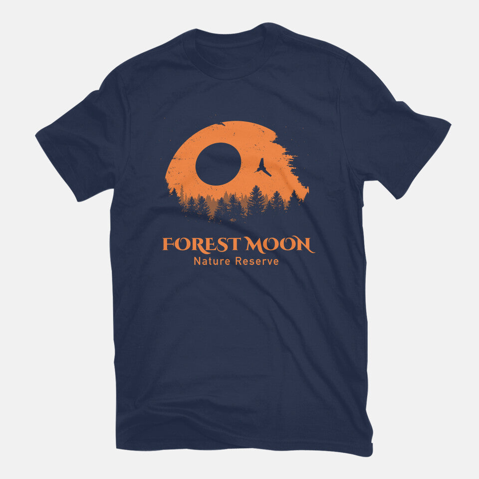 Forest Moon Nature Reserve – Sci-Fi Graphic T-Shirt in navy, flat-lay product view