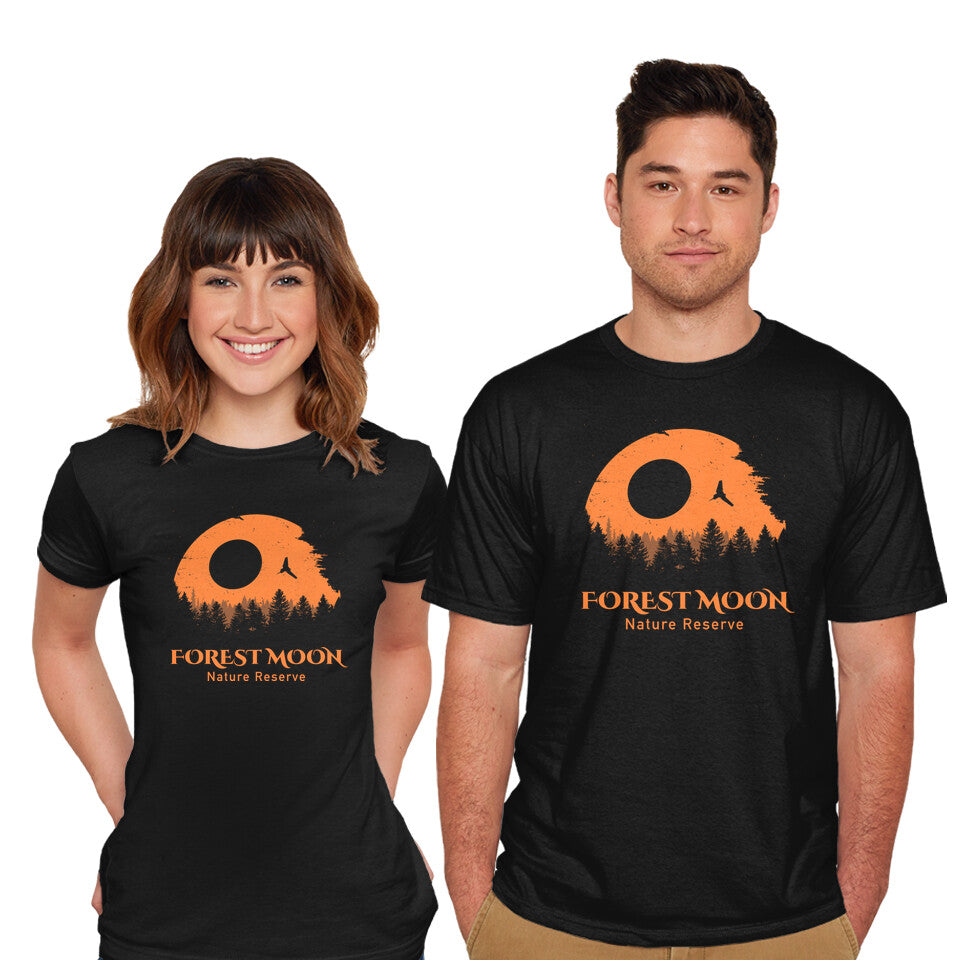 Model wearing black Forest Moon Nature Reserve – Sci-Fi Graphic T-Shirt