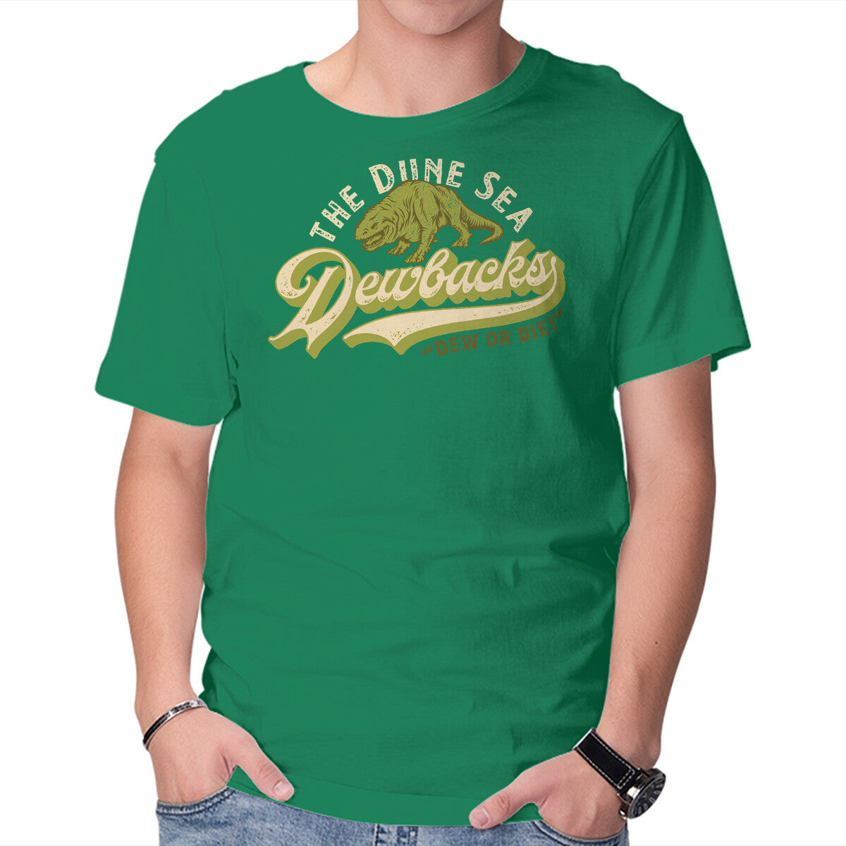Dune Sea Dewbacks – Sci-Fi Graphic T-Shirt in green, product display