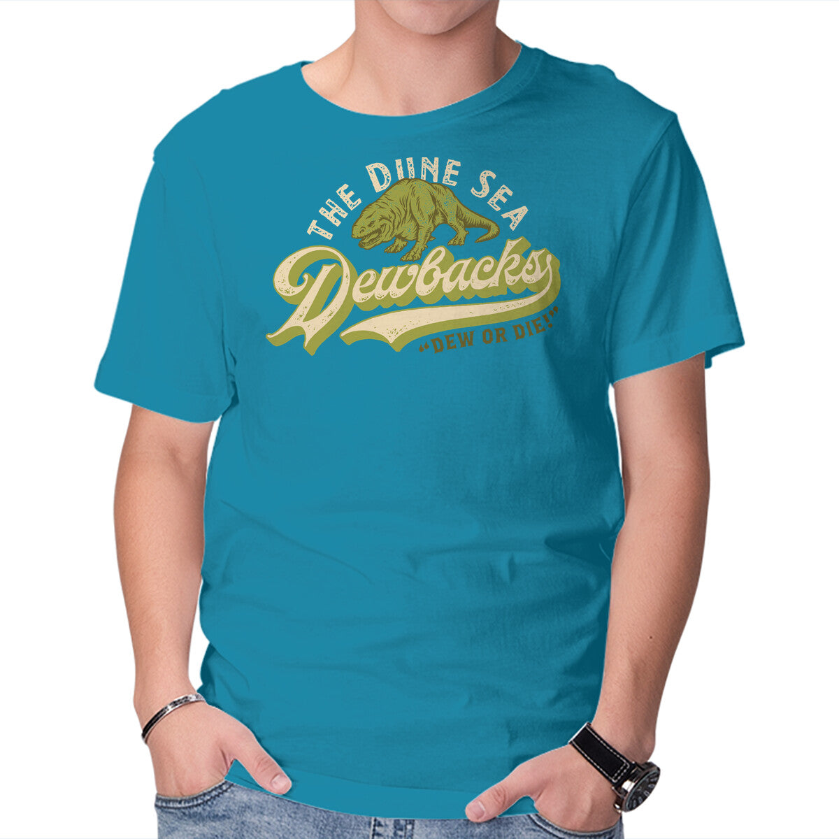Dune Sea Dewbacks – Sci-Fi Graphic T-Shirt in turquoise, product display