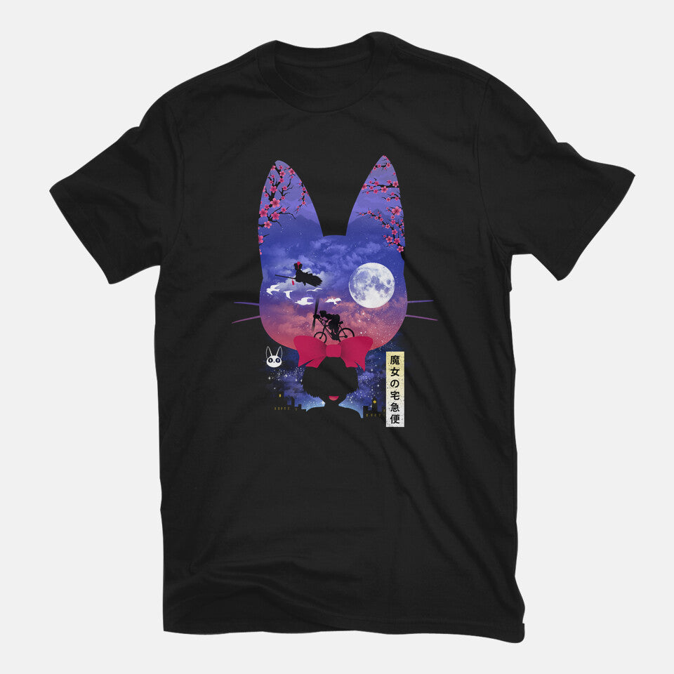 Cat Delivery – Fantasy Graphic T-Shirt in black, flat-lay product view