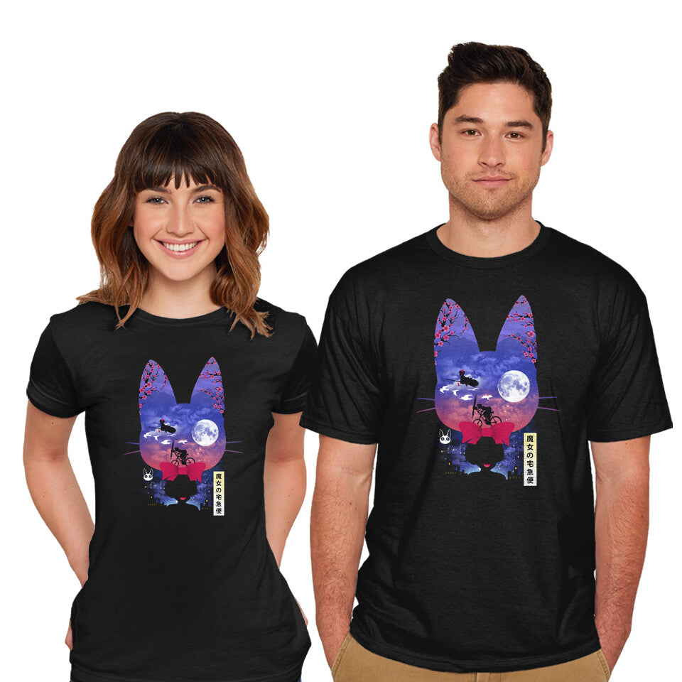 Model wearing black Cat Delivery – Fantasy Graphic T-Shirt