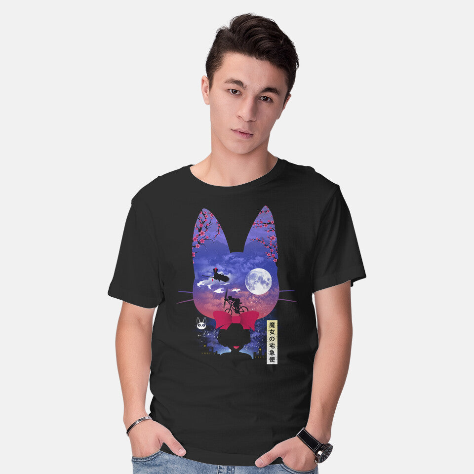 Model wearing black Cat Delivery – Fantasy Graphic T-Shirt