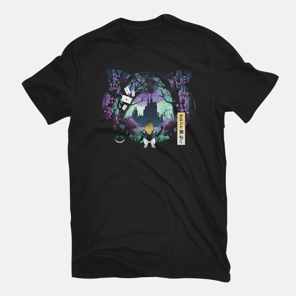 Wonderland Cat – Cat Graphic T-Shirt in black, flat-lay product view