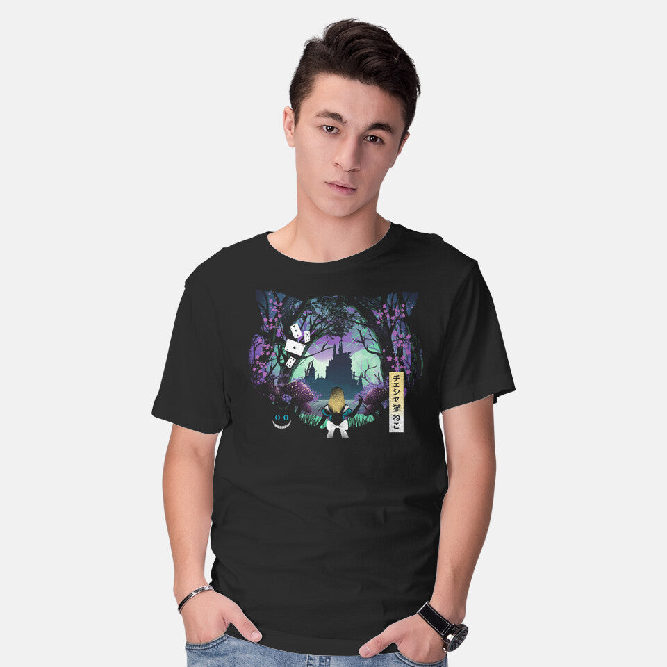 Model wearing black Wonderland Cat – Cat Graphic T-Shirt