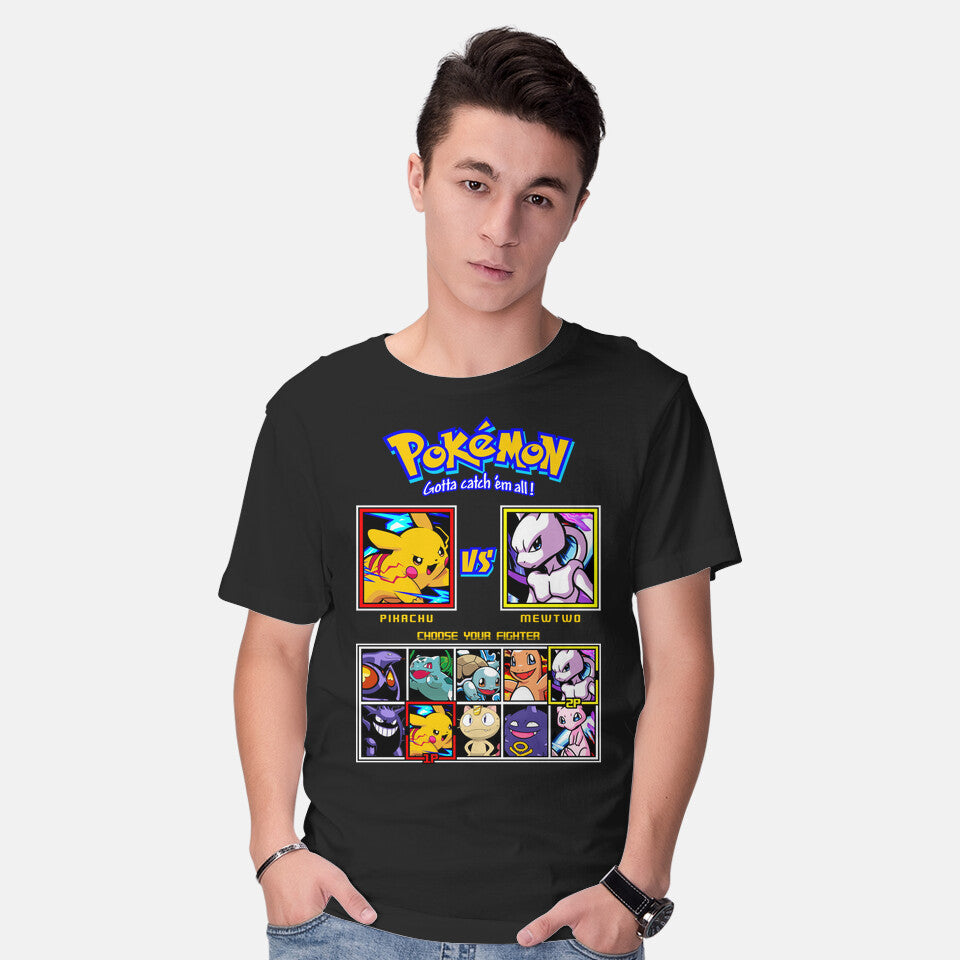 Model wearing black Monster Fighter – Anime Graphic T-Shirt