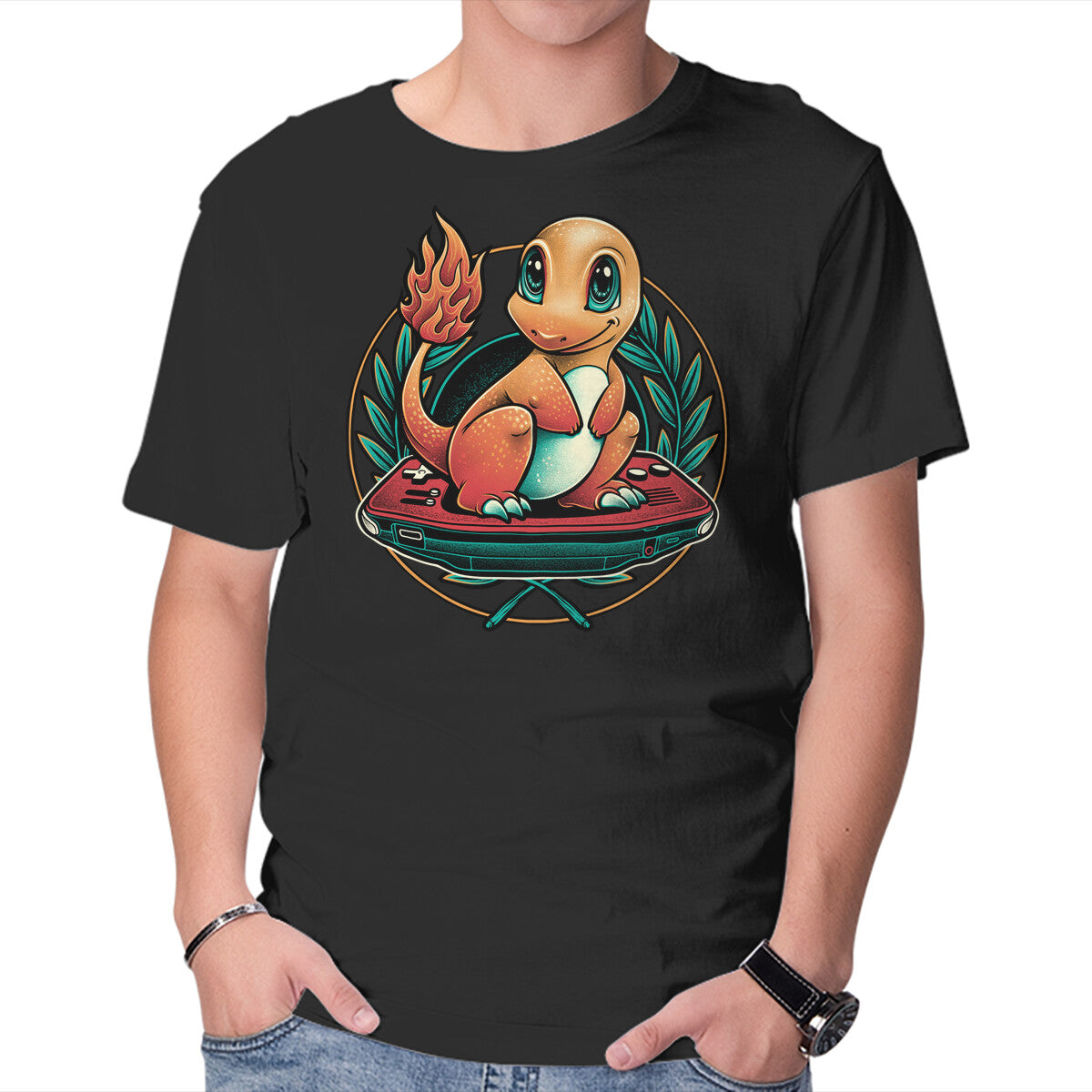 Gamer Charmander – Anime Graphic T-Shirt in black, product display