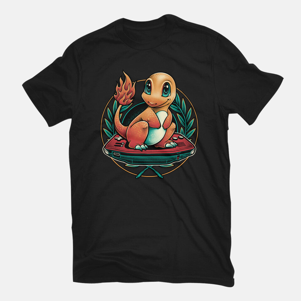 Gamer Charmander – Anime Graphic T-Shirt in black, flat-lay product view