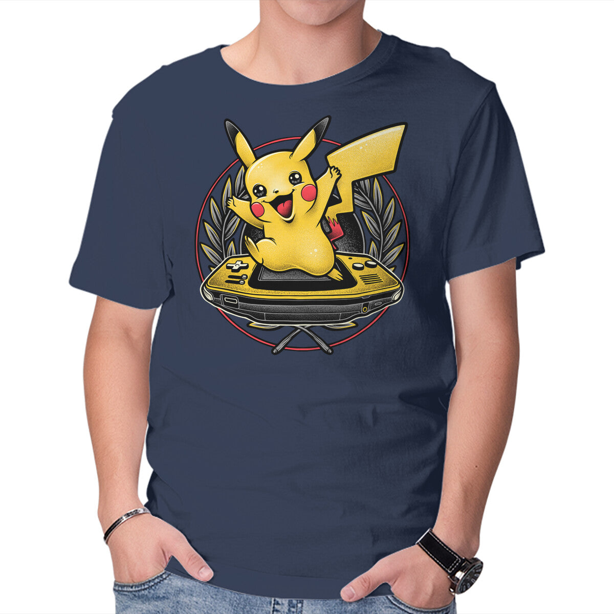 Gamer Pikachu – Anime Graphic T-Shirt in navy, product display