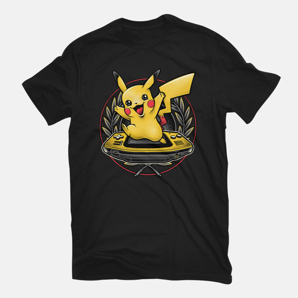 Gamer Pikachu – Anime Graphic T-Shirt in black, flat-lay product view