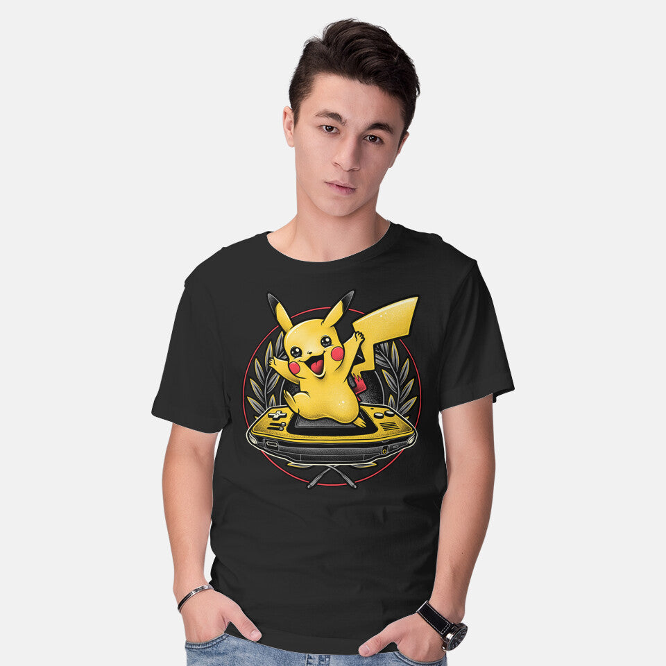 Model wearing black Gamer Pikachu – Anime Graphic T-Shirt