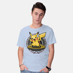 Model wearing blue Gamer Pikachu – Anime Graphic T-Shirt