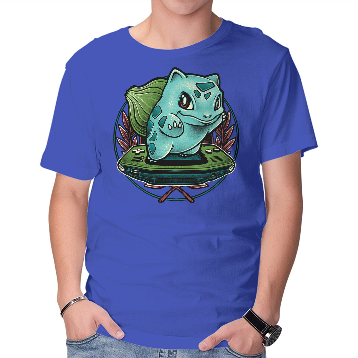 Gamer Bulbasaur – Anime Graphic T-Shirt in royal blue, product display