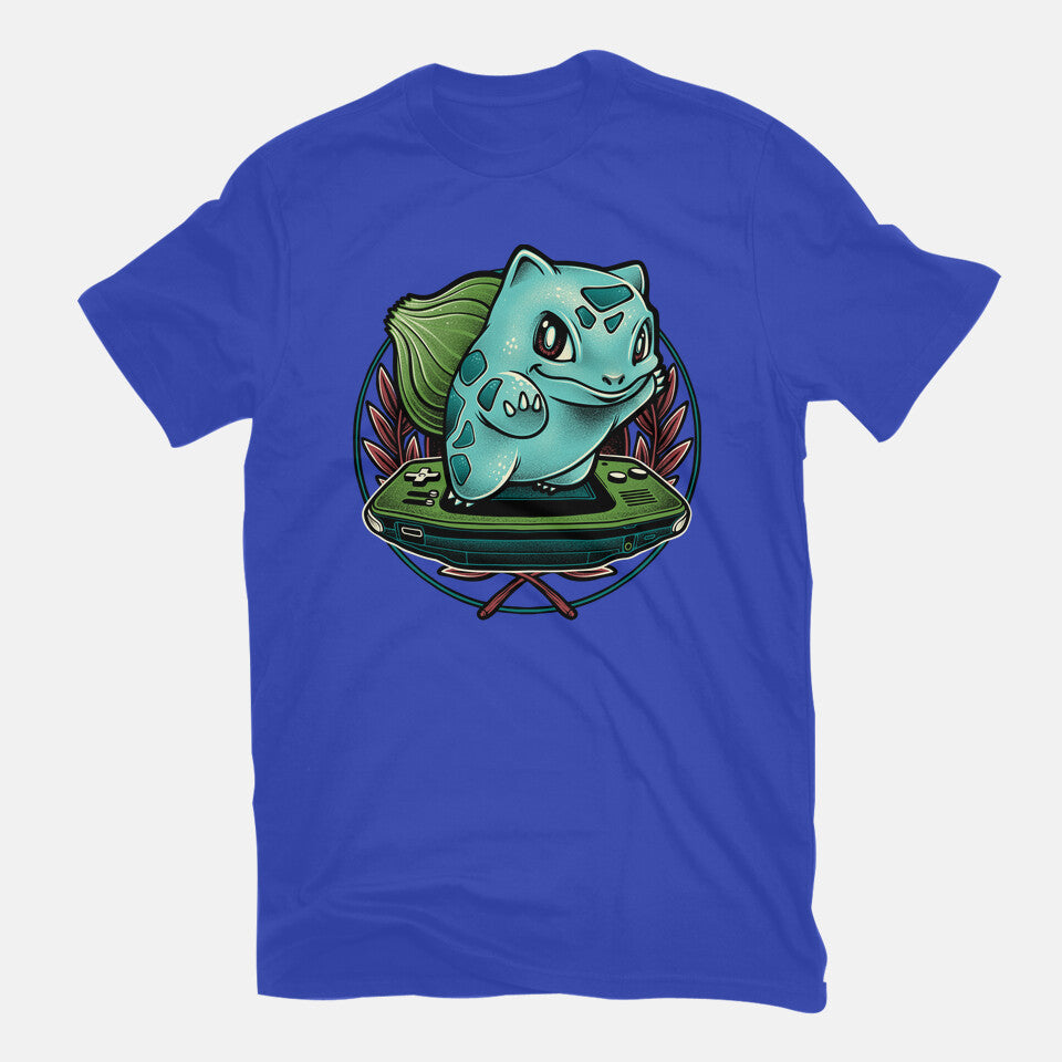 Gamer Bulbasaur – Anime Graphic T-Shirt in royal blue, flat-lay product view