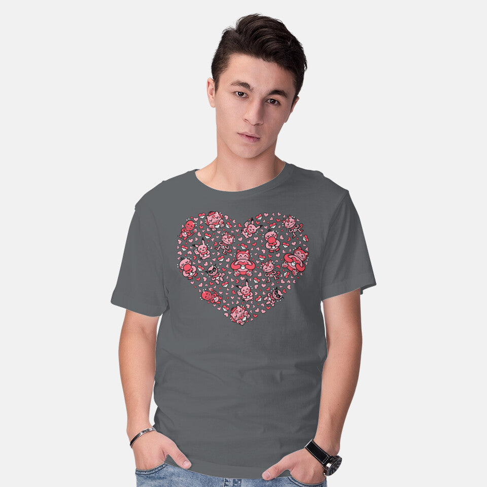 Model wearing charcoal Valen-Mon – Anime Graphic T-Shirt