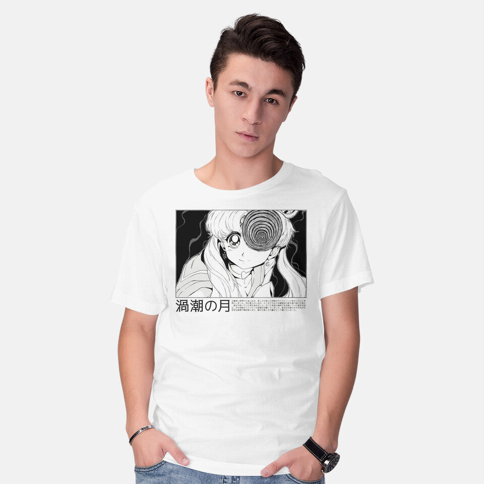 Model wearing white Swirl Moon – Anime Graphic T-Shirt