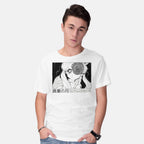 Model wearing white Swirl Moon – Anime Graphic T-Shirt
