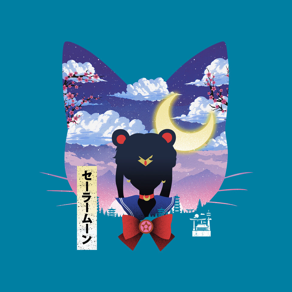 Sailor Cat Landscape – Anime Graphic T-Shirt design artwork for turquoise graphic T-shirt