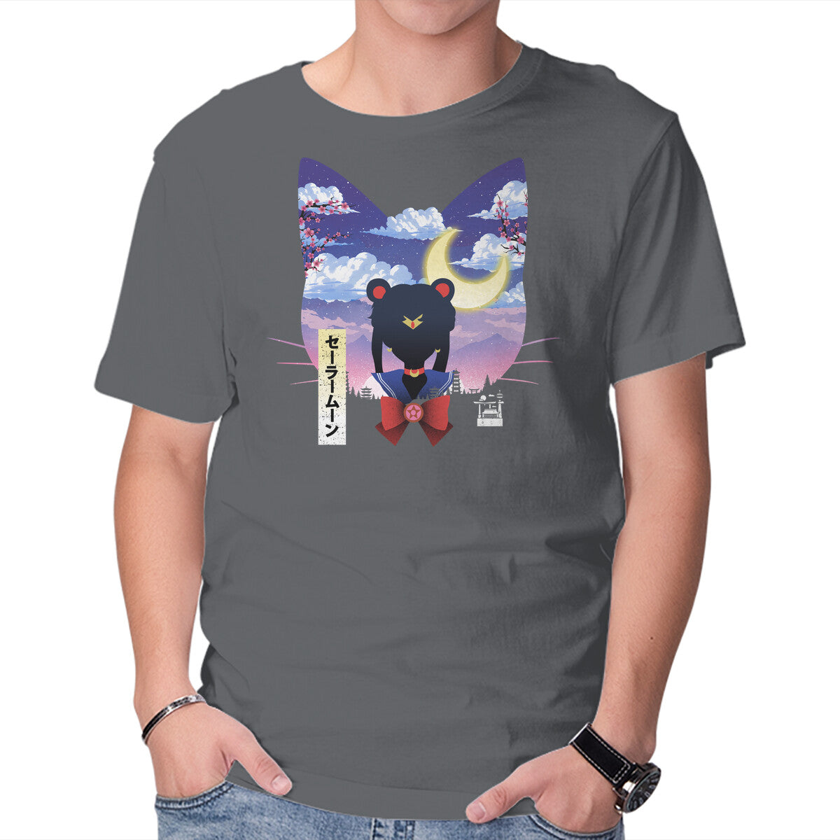 Sailor Cat Landscape – Anime Graphic T-Shirt in charcoal, product display