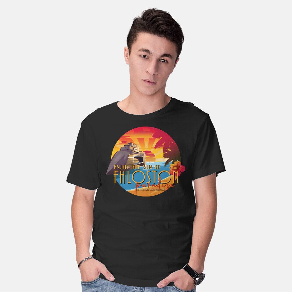 Model wearing black The Sun Of Fhloston – Sci-Fi Graphic T-Shirt