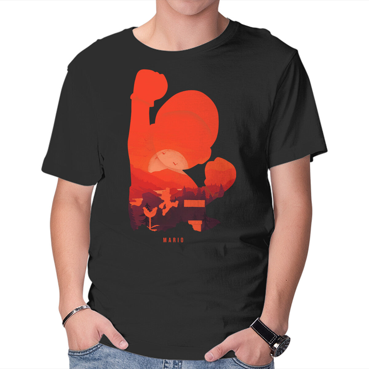 Mario Landscape – Gaming Graphic T-Shirt in black, product display