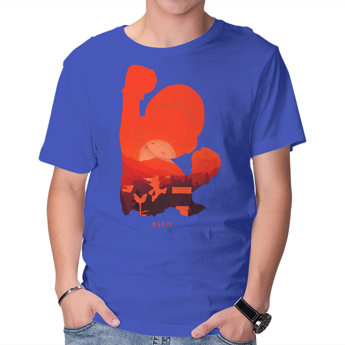 Mario Landscape – Gaming Graphic T-Shirt in royal blue, product display